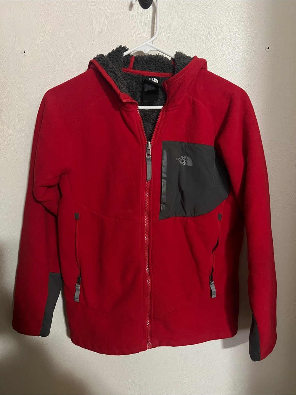 THE NORTH FACE Fleece Lined Full Zip Activewear Outerwear Jacket Red Grey Boys L